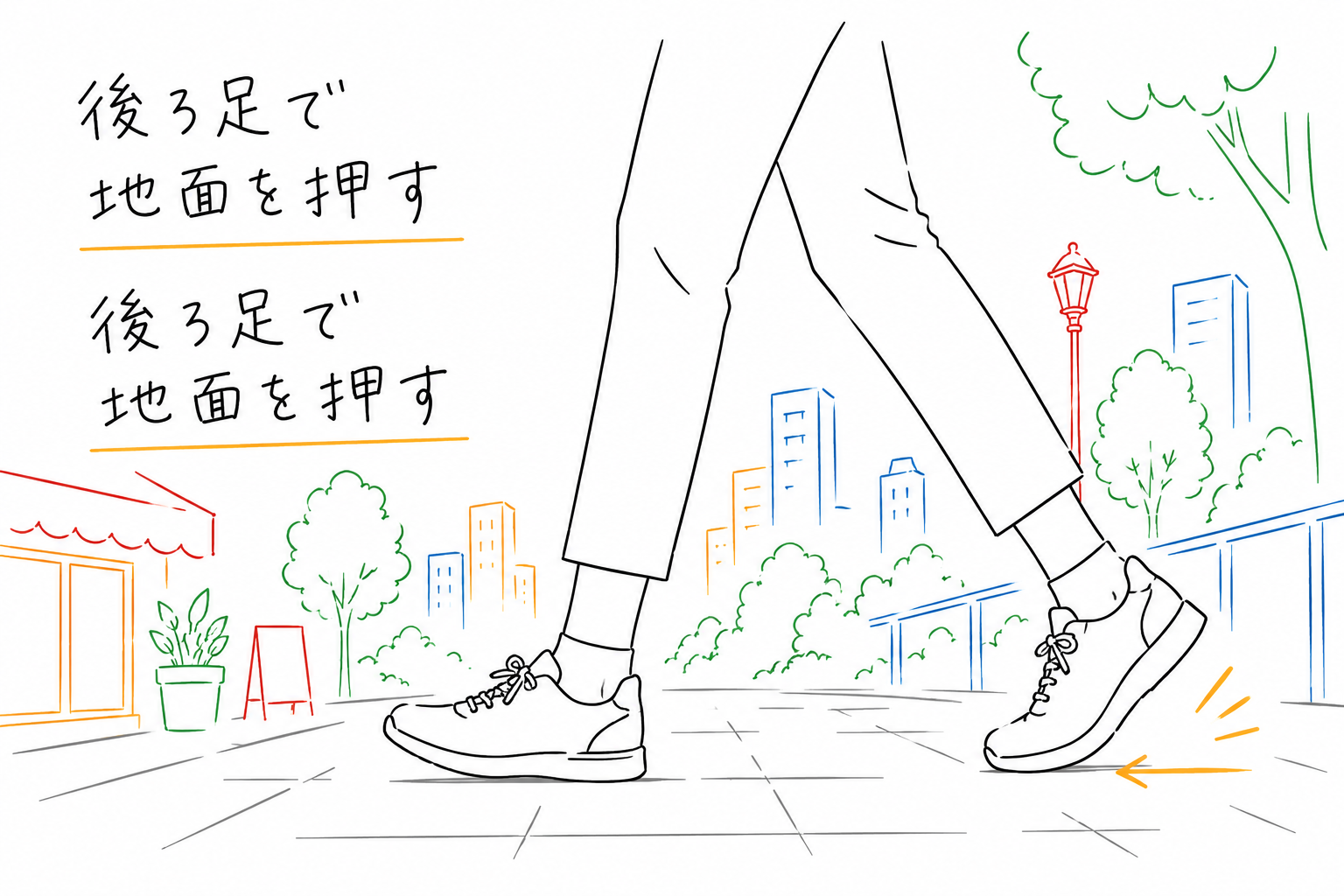 ウォーキングで後ろ足で地面を押すイラスト